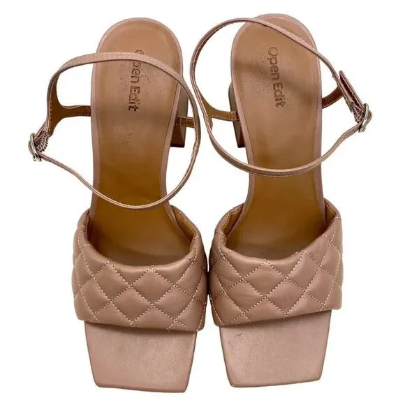 Open Edit by Nordstrom Austyn Quilted Block Heeled Sandals Tan Mocha Size 9M NEW - Picture 6 of 12